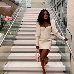 CASSIA' IVORY JACQUARD PUFF SLEEVE MINI DRESS